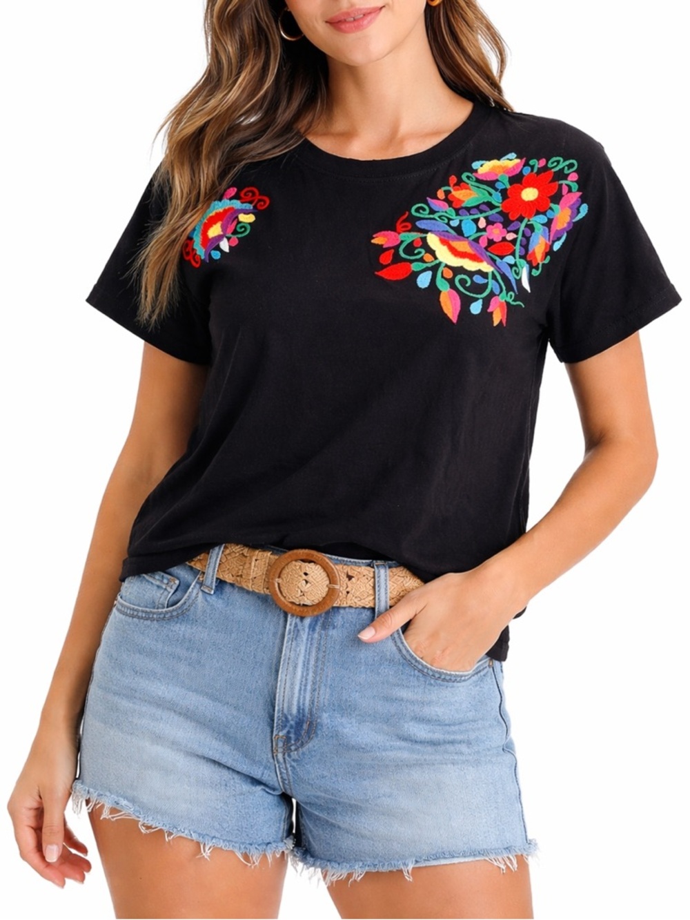 Black Embroidered Floral Blouse Short Sleeve Cotton Top Girls Size Large
